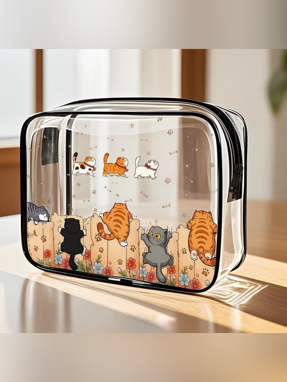Clear Cat Print Travel Cosmetic Bag - Black Trim
